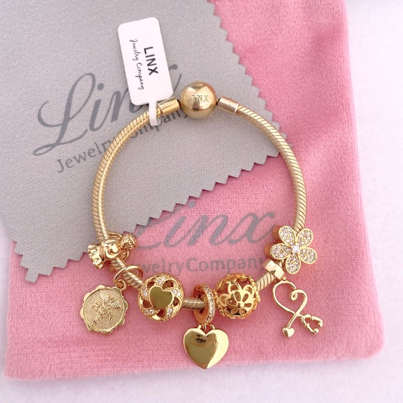 Linx Yellow Gold Snake Chain Bracelet with Registered Nurse Themed Charms - Picture 10 of 14